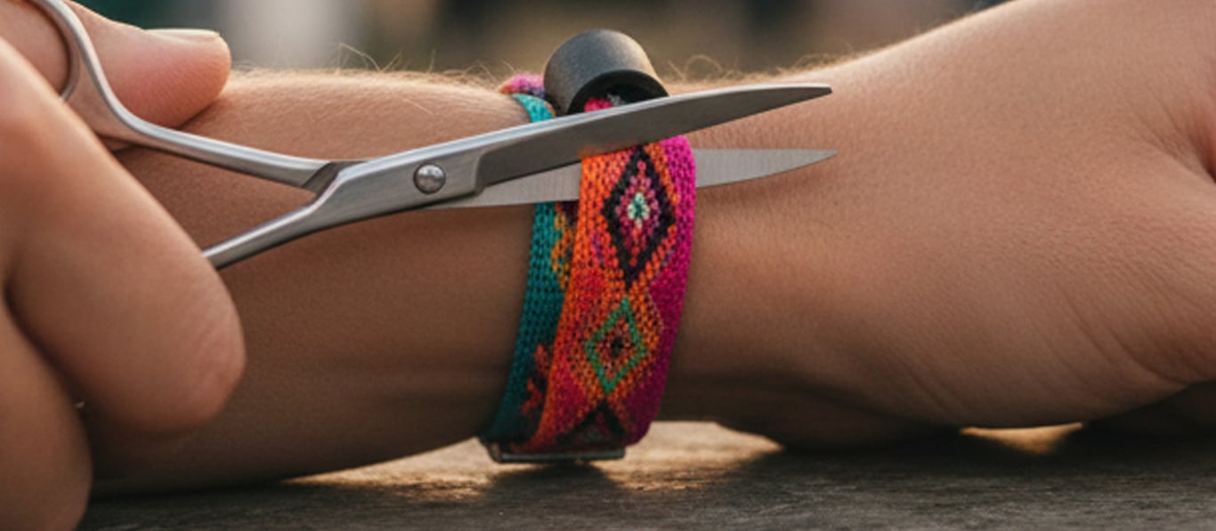 Cutting a festival wristband with scissors to remove it