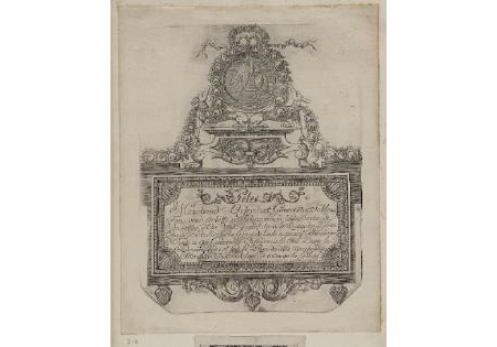 Engraved antique card with an ornate shield and frame
