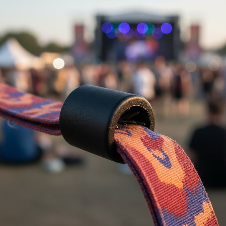 Close-up of the plastic security ring on a fabric wristband