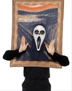 Costume of The Scream painting in a frame, worn with a ghost-face mask