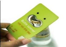 Green business card with a bottle opener cut into it
